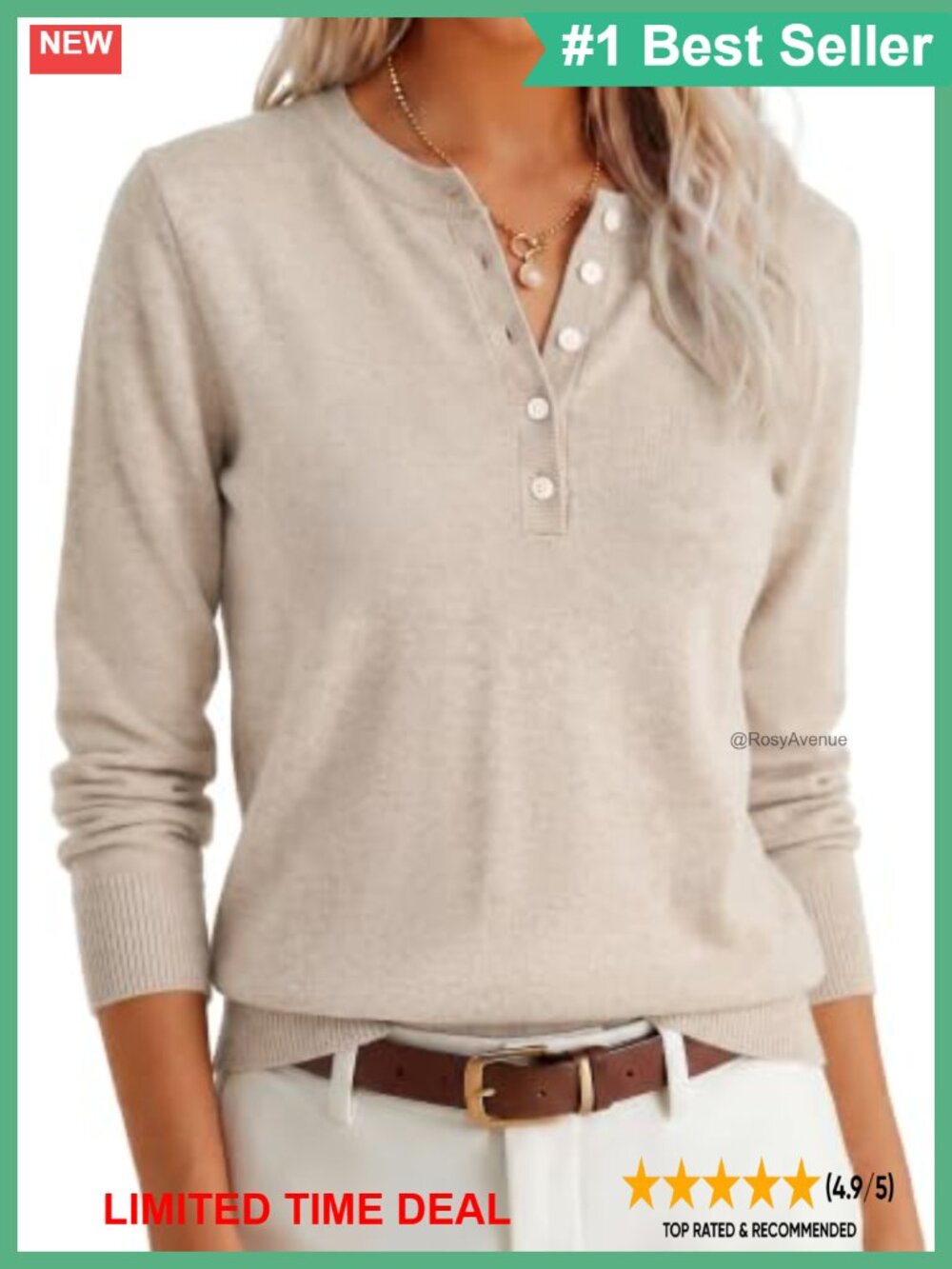Women Henley Long Sleeve Lightweight Knit Pullover Sweater